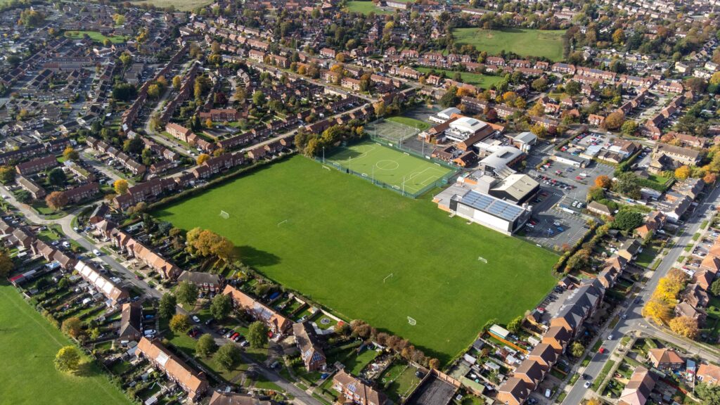 An aerial view of a school campus in the UK.